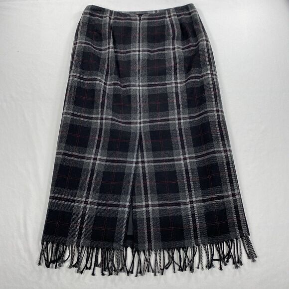 Worthington Wool Blend Midi Skirt Gray Plaid Fringe Dark Academia Petite 10 - Picture 3 of 7